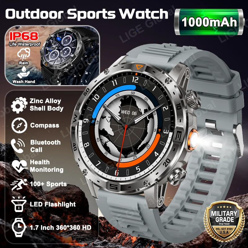 

LIGE 1000mAh Super Capacity Battery Military Outdoor Compass Smart Watch IP68 Waterproof Men 1.7" HD Bluetooth Call Smartwatch