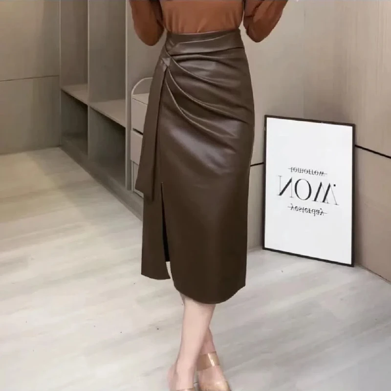 Korean Fashion Autumn Winter Women Solid Zipper Pleated Simplicity Office LadyChic High Waist Midi Slim A-line PU Leather Skirt