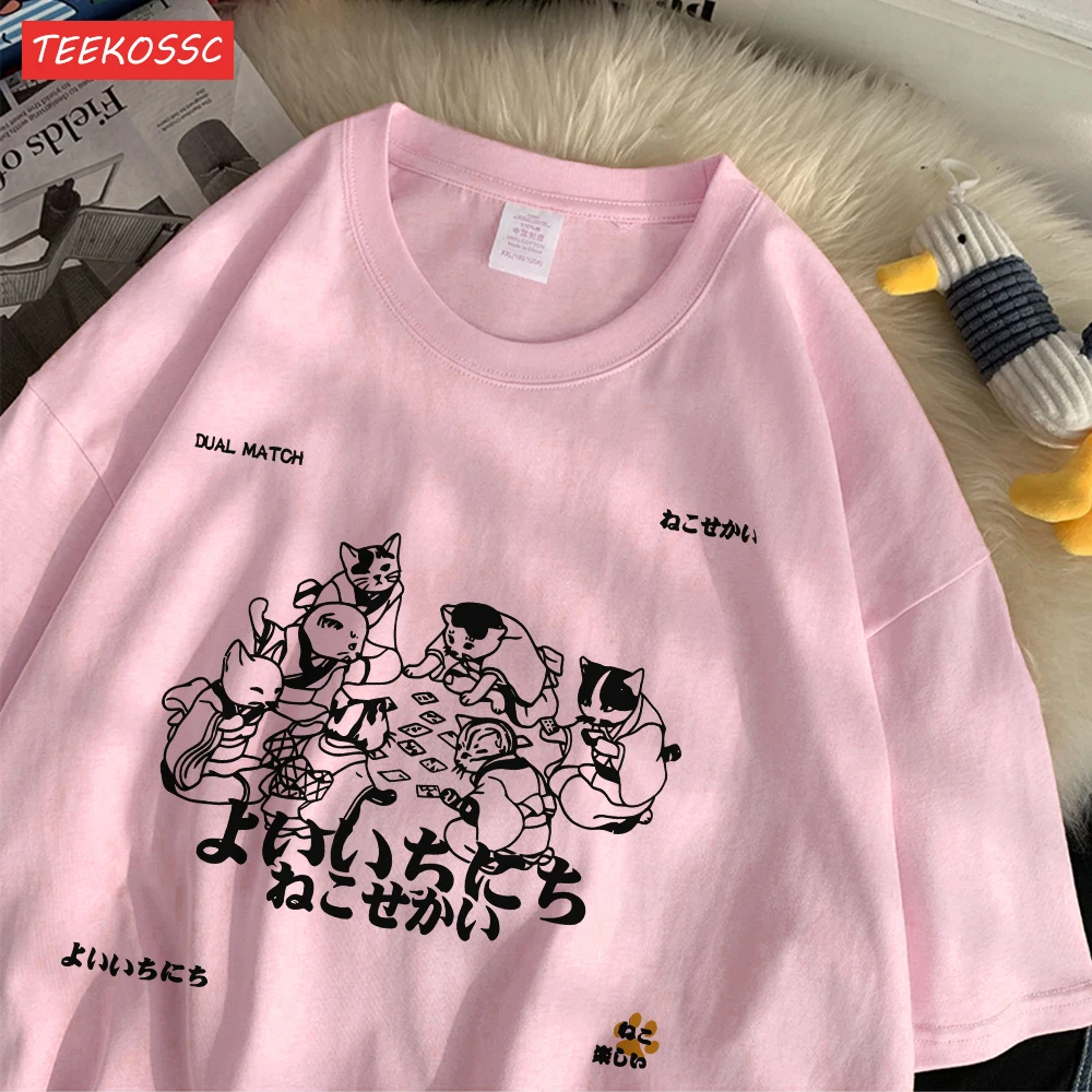 Trend Cotton Women'S T-Shirts Japanese Harajuku Style Cats Prints Short Sleeve O-Neck Oversize Breathable Summer Female Clothes