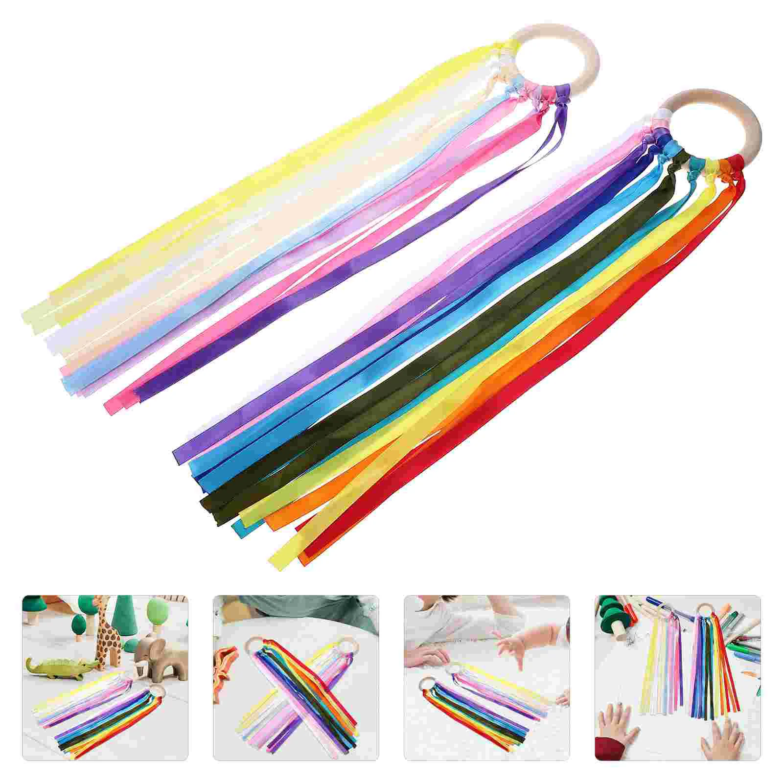 

2 Pcs Kids Circle Ribbon Wooden Streamers Rainbow Kite Hand Infant with Ring Rings