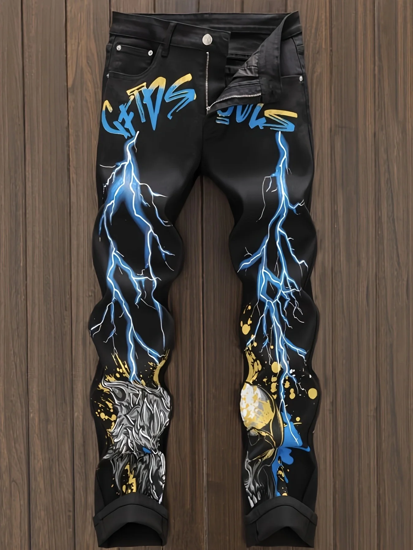 

Men's patchwork color matching multi-tie micro-elastic black denim small straight jeans
