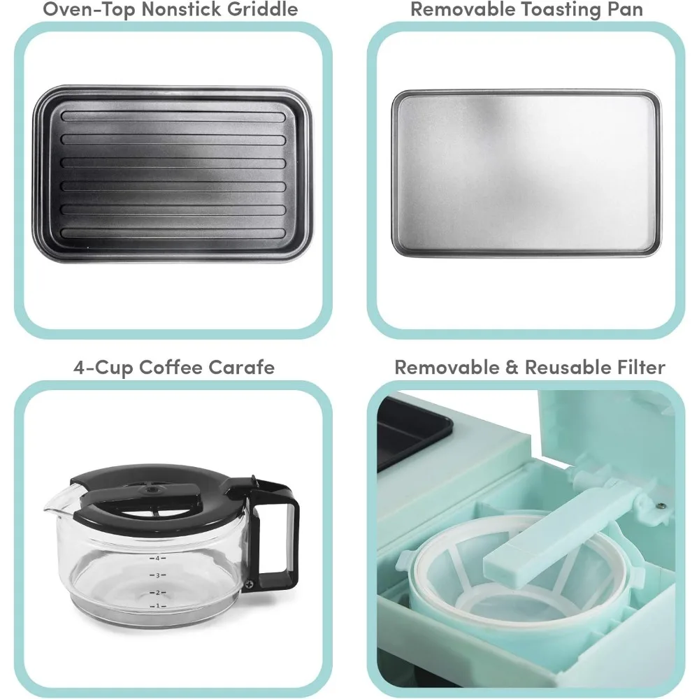 شريحتان، شواية 9.5 بوصة مع غطاء زجاجي، محطة مركزية للإفطار 3 في 1، فرن محمصة مع مؤقت 15 دقيقة، وضع اختيار الحرارة، أزرق