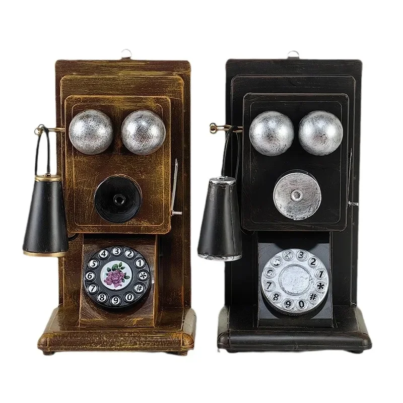 Vintage Metal Telephone Model Handmade Ornament European Style Home Decor Craft for Living Room Shelf Display