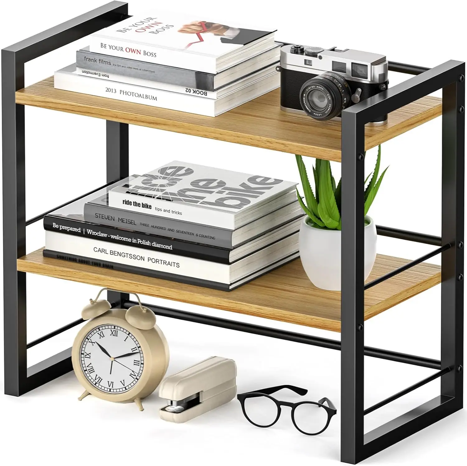 Wood Desktop Bookshelf Supplies Storage Rack, Shelf for Top of Desk and Dresser (Black-2 Tier)