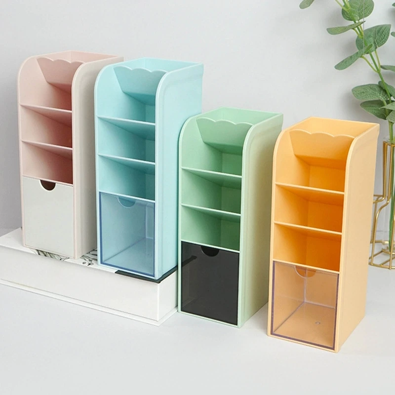 Organizador de escritorio de oficina, portalápices apilable con cajón, organizador de pinceles, soporte de almacenamiento de maquillaje para estudiantes y profesores