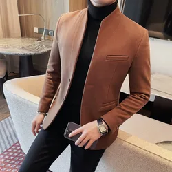 Woolen suit men's autumn and winter thickened casual Zhongshan suit slim fit two button collarless top