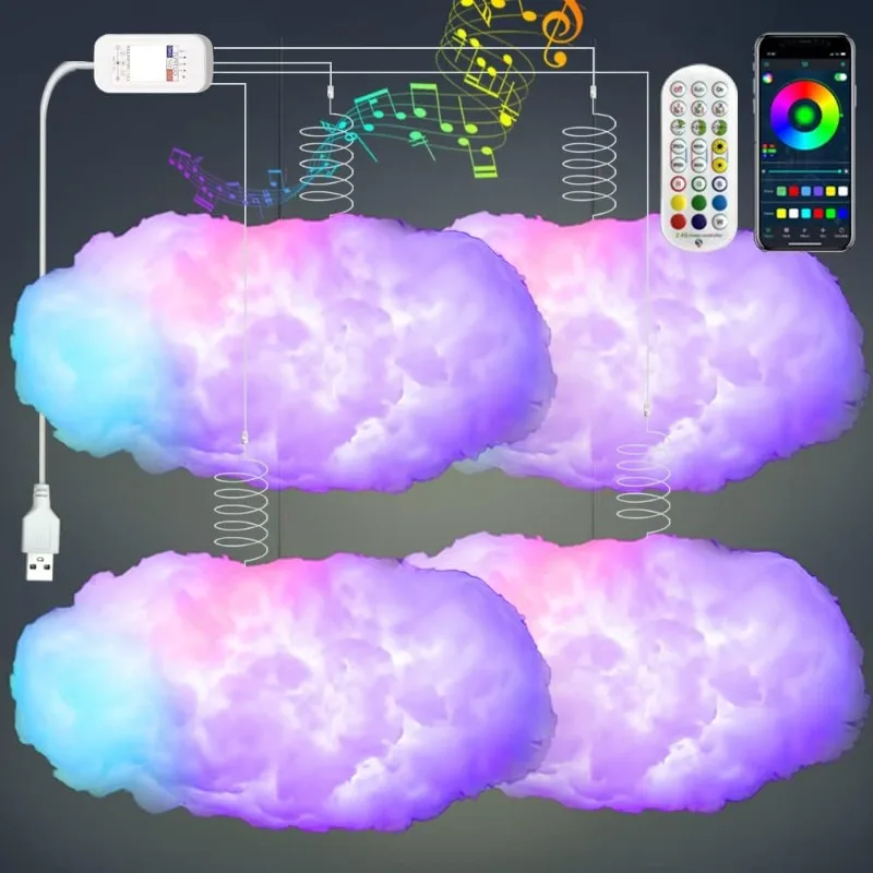 3D Big Cloud lightning Light Kit Music Sync Warm Multicolor lightning Changing Strip Lights 360 Degree Wireless Remote APP NO