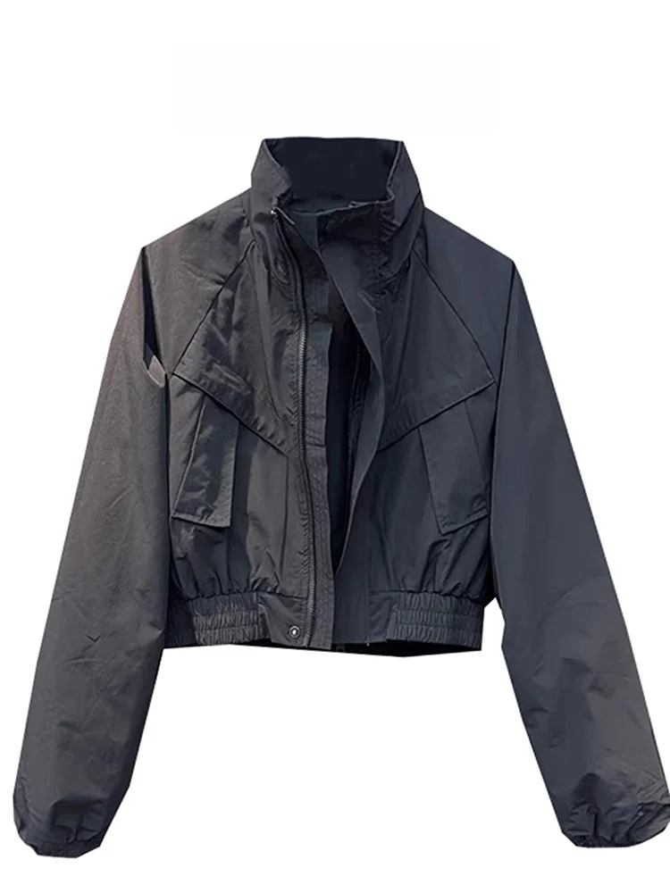 

Black American Style Workwear Jacket Women's Short Coat Baseball Uniform Commute Style Long Sleeve Zipper Closure Pure Color