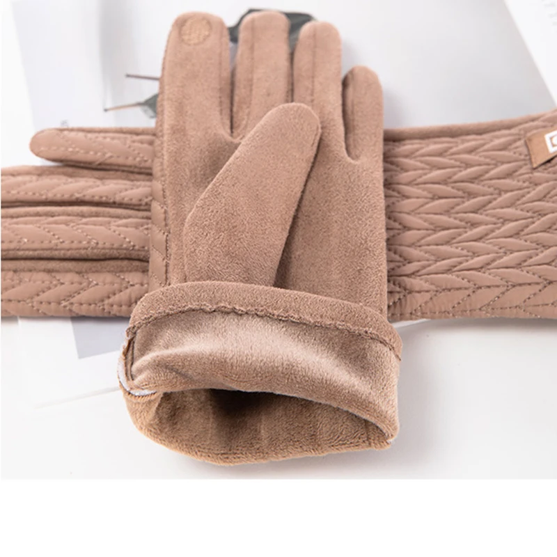 Women Winter Keep Warm Touch Screen Down Suede Fabric Gloves Cycling Drive Fashion Elegant Temperament Windproof Diamond Grid