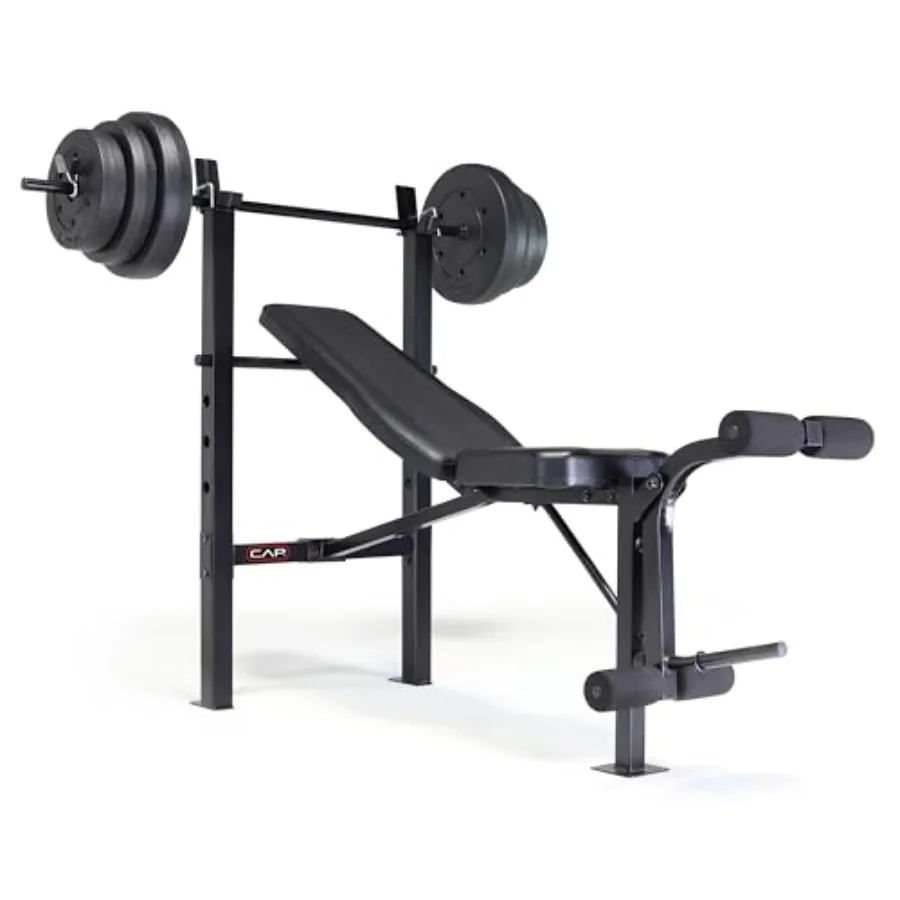 Home gym weight bench with leg developer vinyl upholstery in black adjustable backrest barbell and 100 LB cement plates set