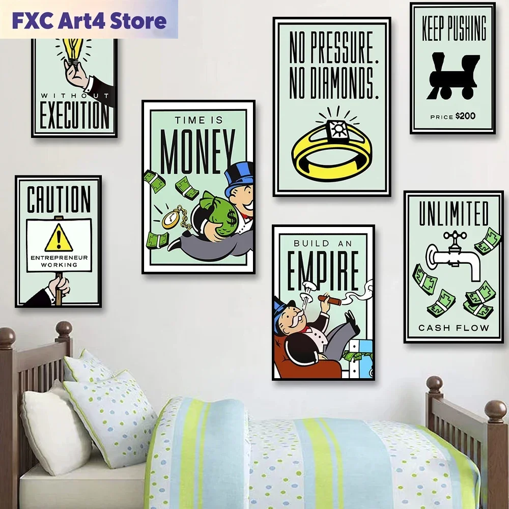 Frameless Monopoly Millionaire Money Canvas Decorative Painting Motivational Quote Art Poster Cartoon Figure Mural Home Wall Dec