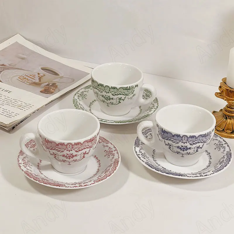 

Retro Ceramic Mug Restaurant Desktop Rose Relief Cup and Saucer Set Simplicity Afternoon Tea Coffee Cups Home Decoration