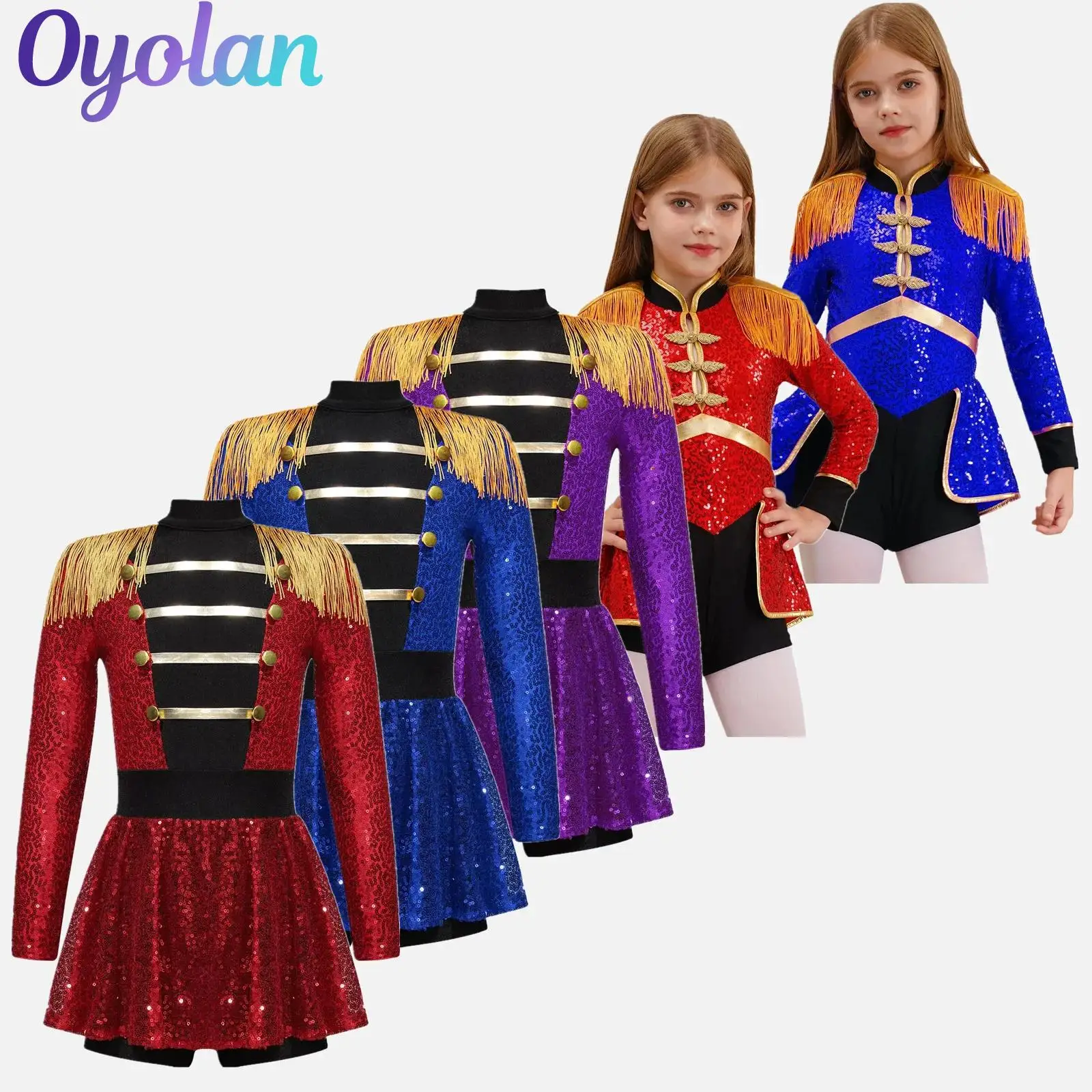 

Kids Girls Circus Ringmaster Lion Tamer Cosplay Outfits Magician Drummer Halloween Costume Fringe Sequins Leotard Bodysuit Dress