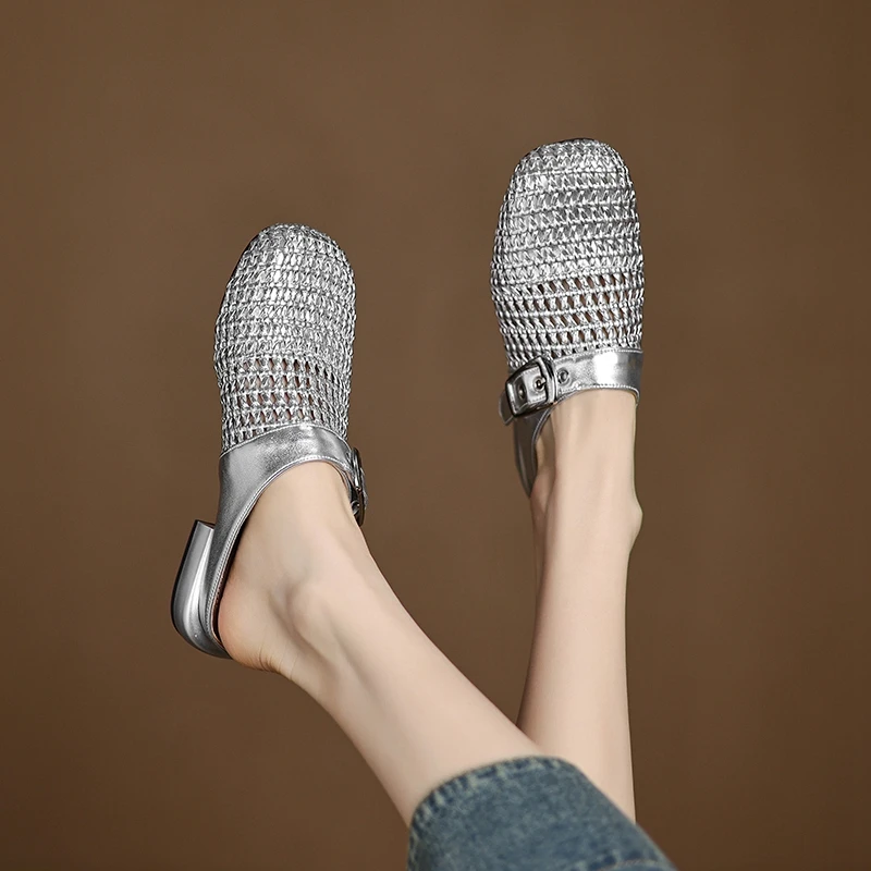 

Women's new summer round toe genuine leather cow reverse low heel large toe hollow breathable Mueller shoes fashion slippers