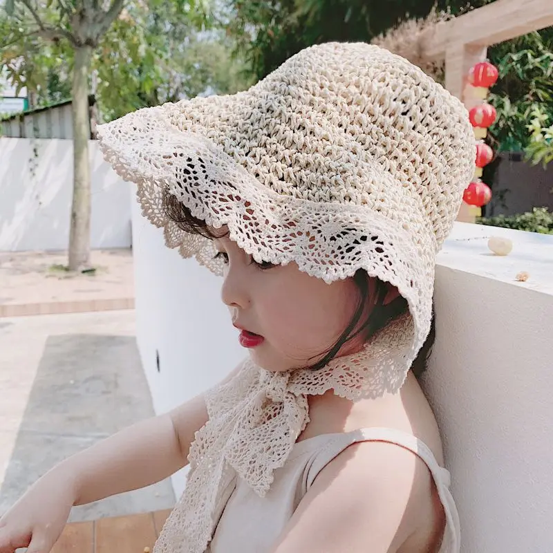 Summer Baby Sun Hat Lace Straw Kids Bucket Hats for Girls Accessories Beach Travel Children Cap Princess Baby Girl Hat 2-5Y