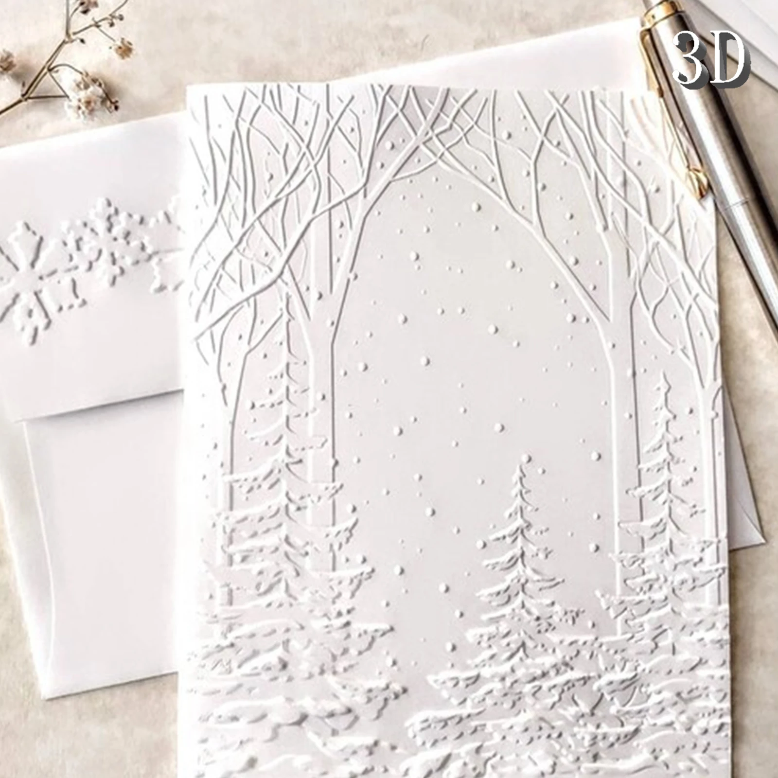 3D-geprägter Ordner für „Wald im abstrakten Stil“, geeignet für Scrapbooking, Kartenherstellung und DIY-Bastelarbeiten – weißer Kunststoff, exqui