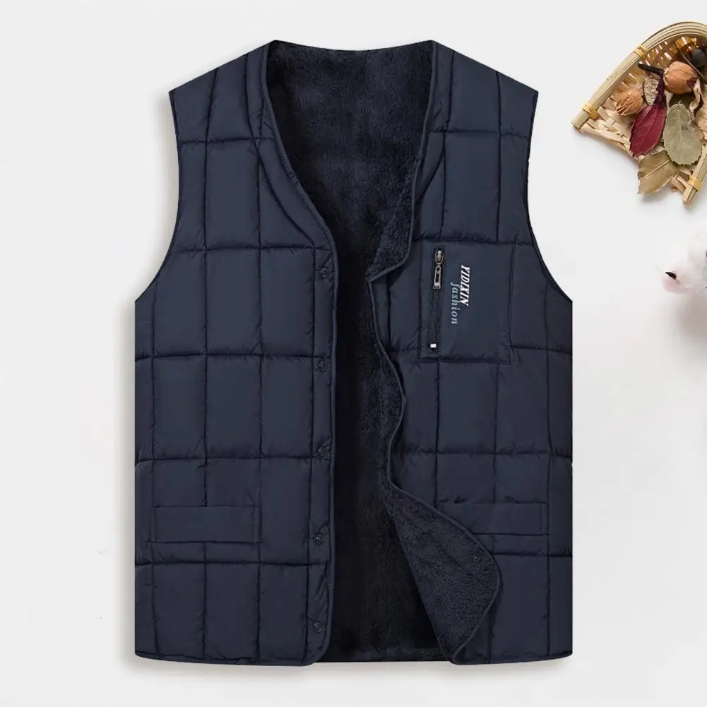 Men Base Layer Vest Quilted V-neck Waistcoat with Plush Lining Zipper Pockets Sleeveless Thermal Vest Jacket for Winter