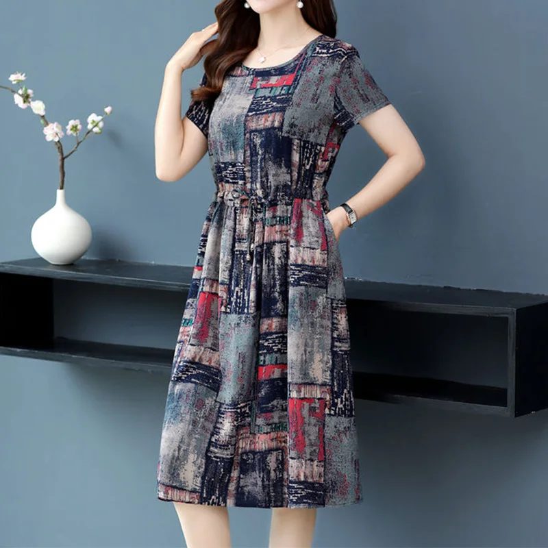 Summer New Cotton Silk Round Neck Lacing Decoration Short Sleeve Multi-element Print Loose Pockets Knee Length Dress for Women