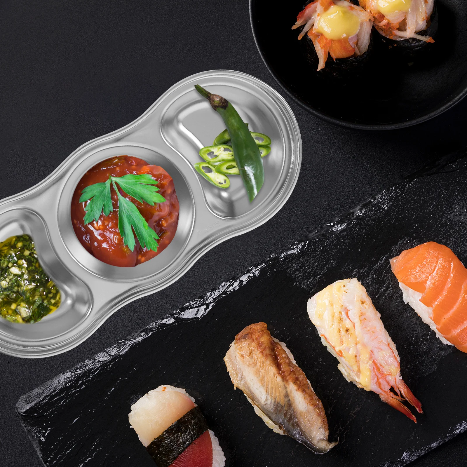 

2pcs Stainless Steel Dipping Plates Household Condiment Dishes Kitchen Seasoning Bowls For Soy Sauce Vinegar Sushi Salad