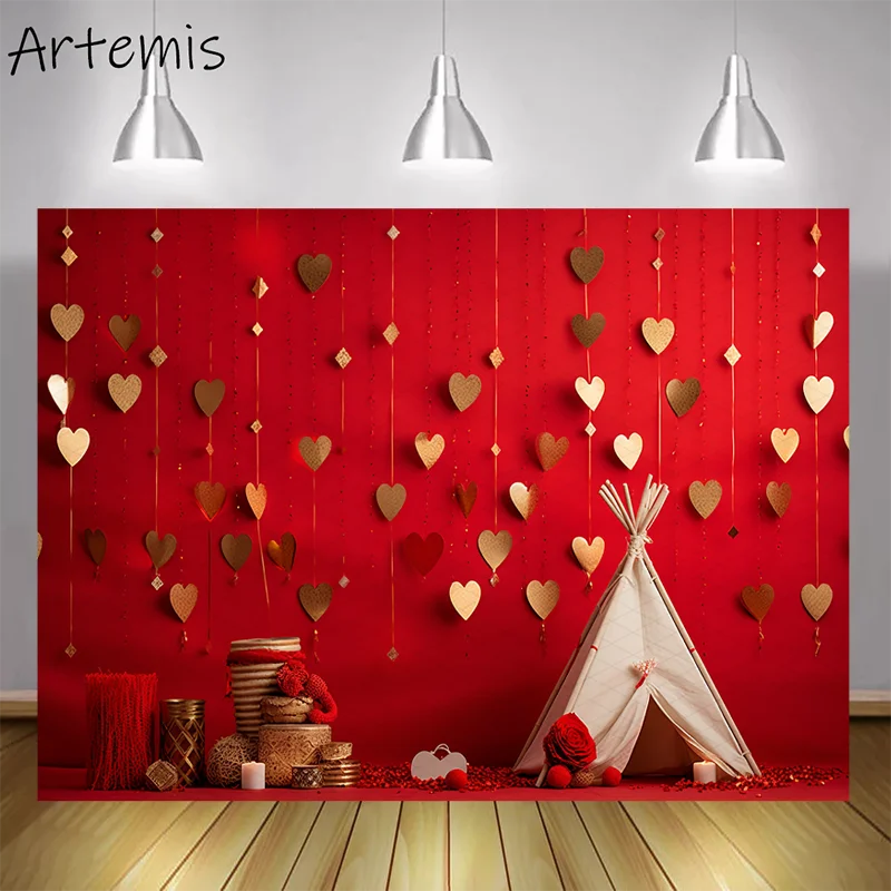 Valentine's Day Backdrop Red Wall Gold Hearts Teepees Elegant Romantic Love Children's Birthday Portrait Background Photo Studio