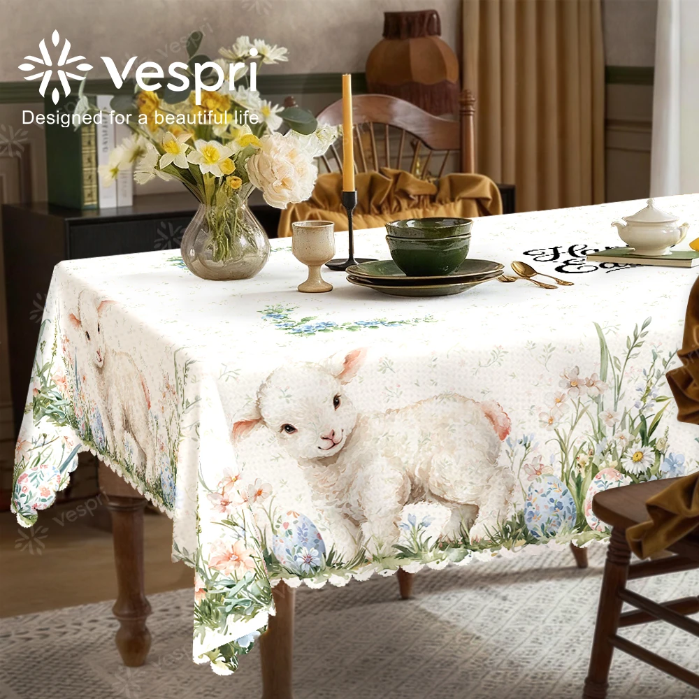 Vespri Easter Tablecloth White Green Lamb Floral Round Rectangle Oval Polyester for Party Festival Decor