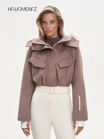 Casual Woolen Ski Jumpsuit Women Patchwork Slim Full Sleeve Stand Collar Zipper Empire Romper Female 2025 Winter Lady Rompers