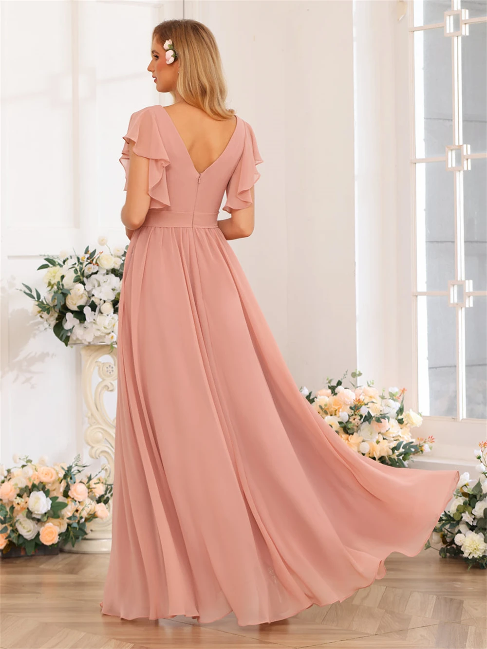 Elegante Chiffon Diepe V-Hals Bruidsmeisje Jurken Geplooid Gezwollen Split Backless A-Line Vloer-Lengte Formele Feest Avondjurken