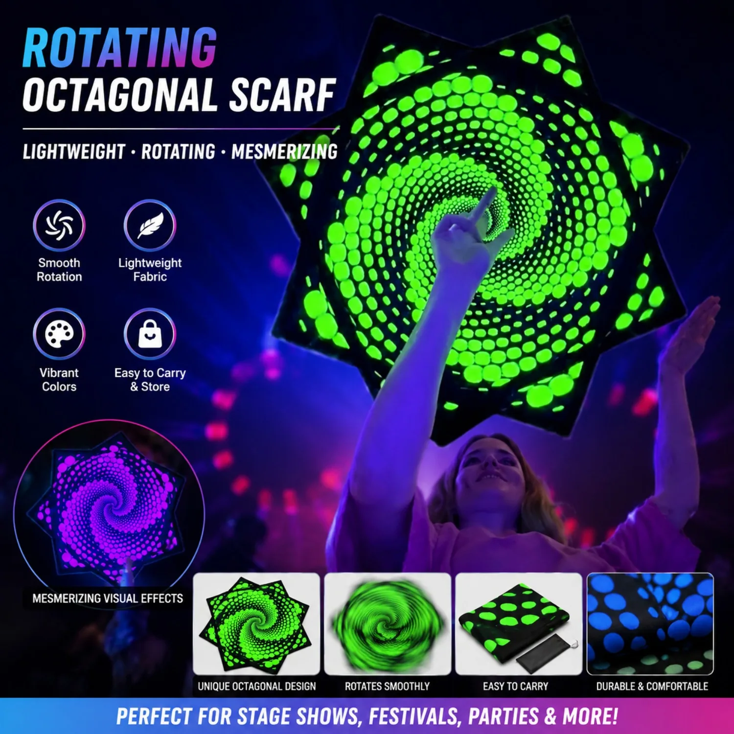 Octagonal Juggling Scarf, Rotating Dance Scarf, Lightweight Flow Arts Prop for Stage Show, Festival, Party & Performance