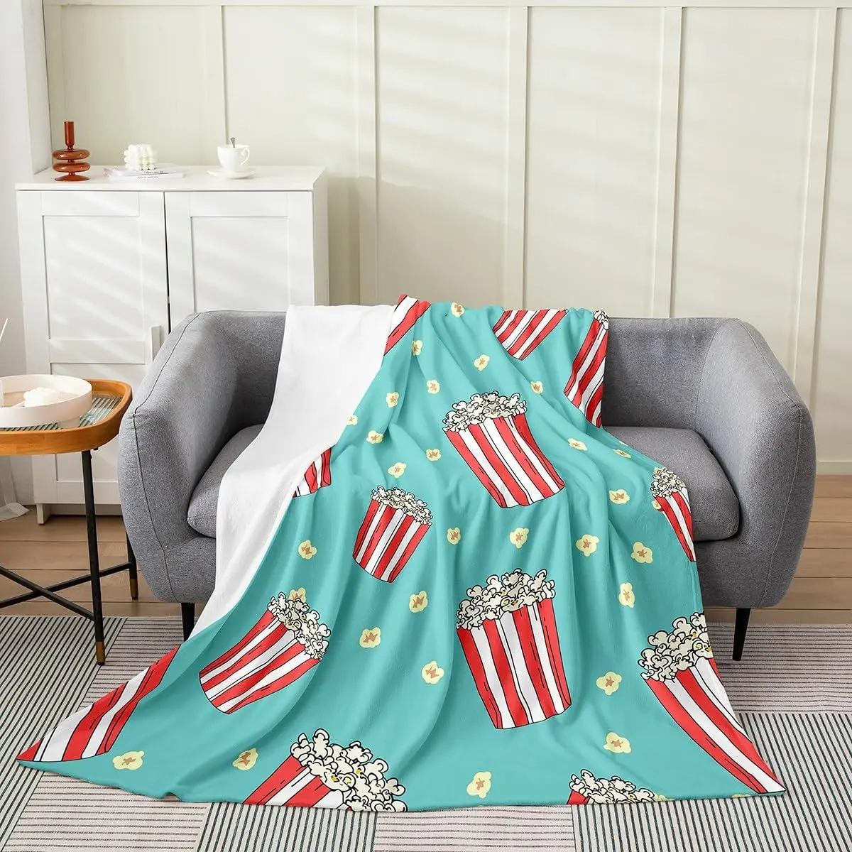 Cute Popcorn Bucket And Scattered Corn Kernels Fresh Teal Background Pattern Flannel Throw Blanket, Warm Cozy Blanket