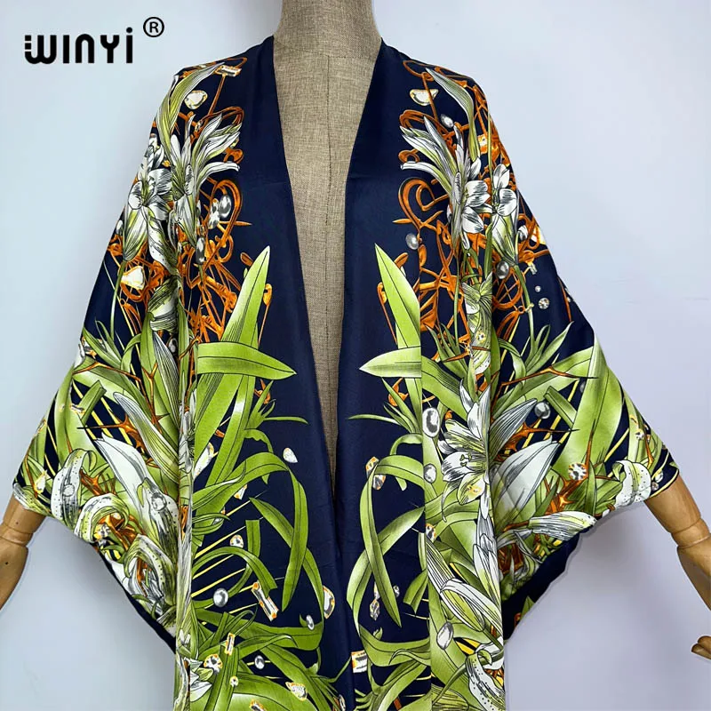 WINYI Women Casual African Kaftan Robe Graffiti print long Sleeve Beach Cover up Maxi Dress Summer Dress Beach Wear  Long Kimono