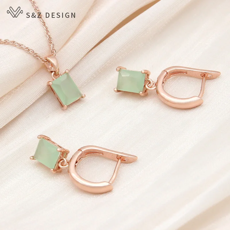 S&Z DESIGN New Fashion Rectangle Cubic Zirconia Drop Earrings Jewelry Sets For Women Elegant Wedding Pendant Necklace Gift