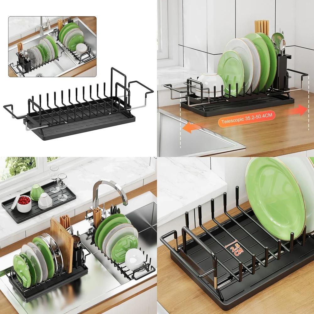 

Expandable Over Sink Dish Drying Rack with Silicone Drainer Tray for Kitchen Counter Space Saving Compact Design Foldable
