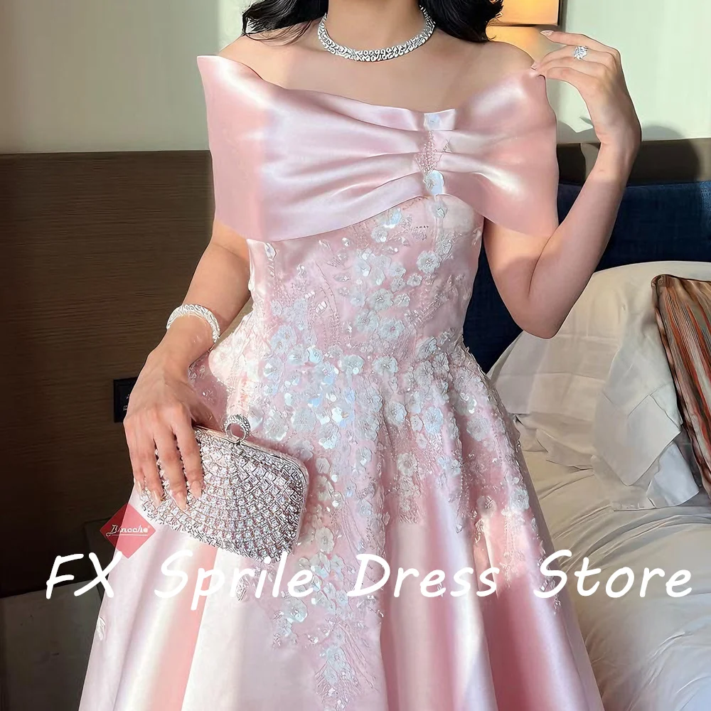 Pink A-Line Strapless Off the Shoulder Satin Sequined Appliques Floor Length Sleeveless Elegant Luxury Evening Dress 2024