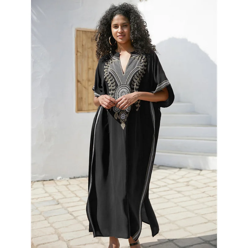 Swimsuit Cover Ups Embroidery V Neck Short Sleeve Swim Cover Up for Women Kaftan Dresses