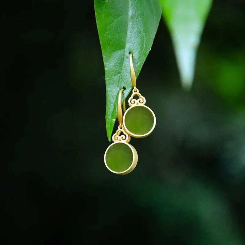 Ancient Style Gold-Plated Jasper Inlaid Earrings for Women Exquisite Green Mirror Ear Hook