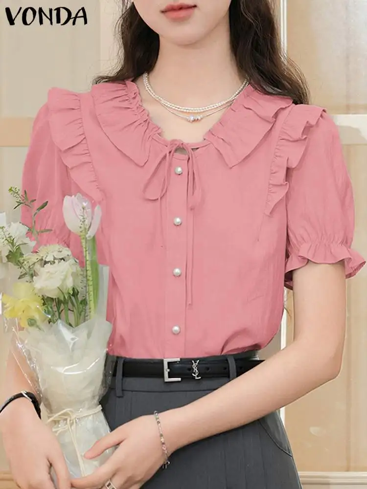 

VONDA Fashion Casual Shirts Elegant Women Blouse 2024 Summer Short Puff Sleeve Doll Collar Solid Color Buttons Tunic Tops Blusas