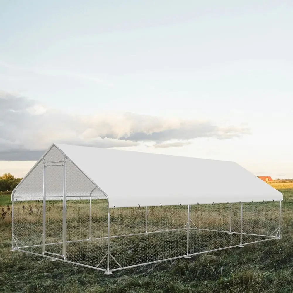 屋外の尖塔型鶏小屋、ラン付き、防水・UVカットカバー、19.6x9.8x6.4フィート