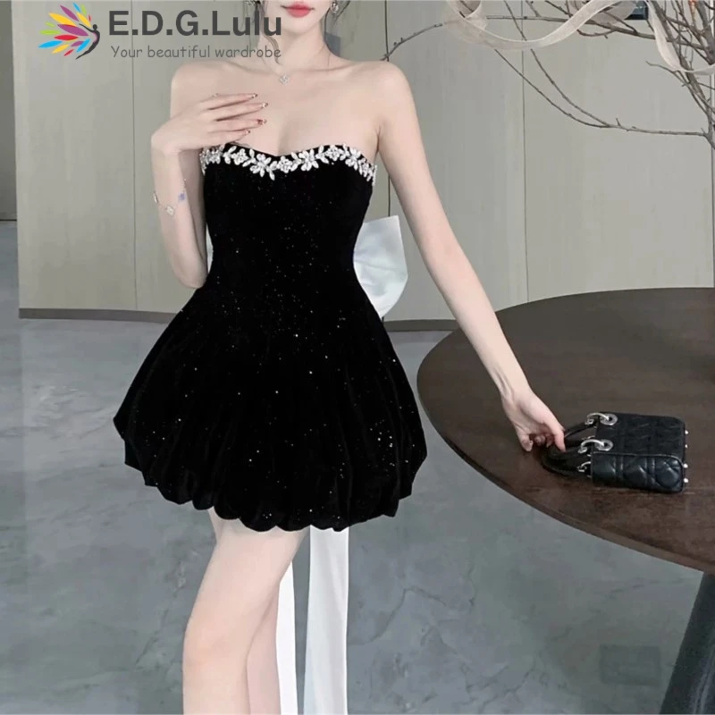 EDGLuLu Elegant Backless Big Bow Birthday Dress Women 2024 Flash Diamond Strapless Dress Mini Red Black Velvet Party Dress 0904