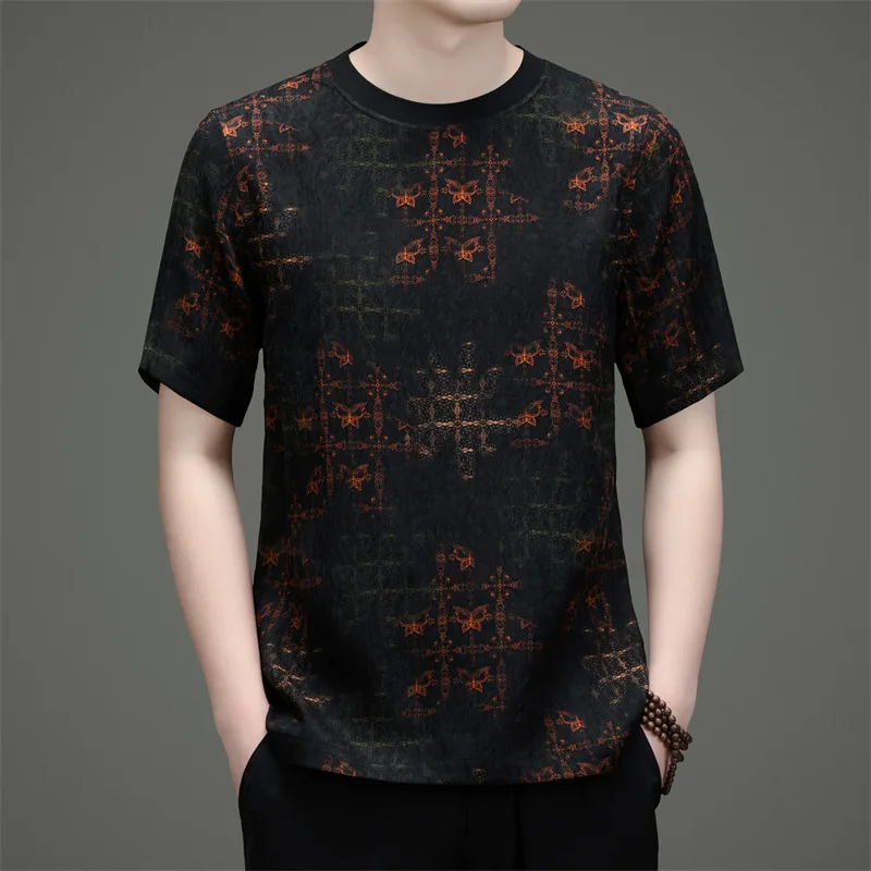 Gambiered Canton Gauze T Shirt For Men Short Sleeve Premium Cool Summer High-Quality Silk 100% Skin-Friendly Camisetas De Hombre