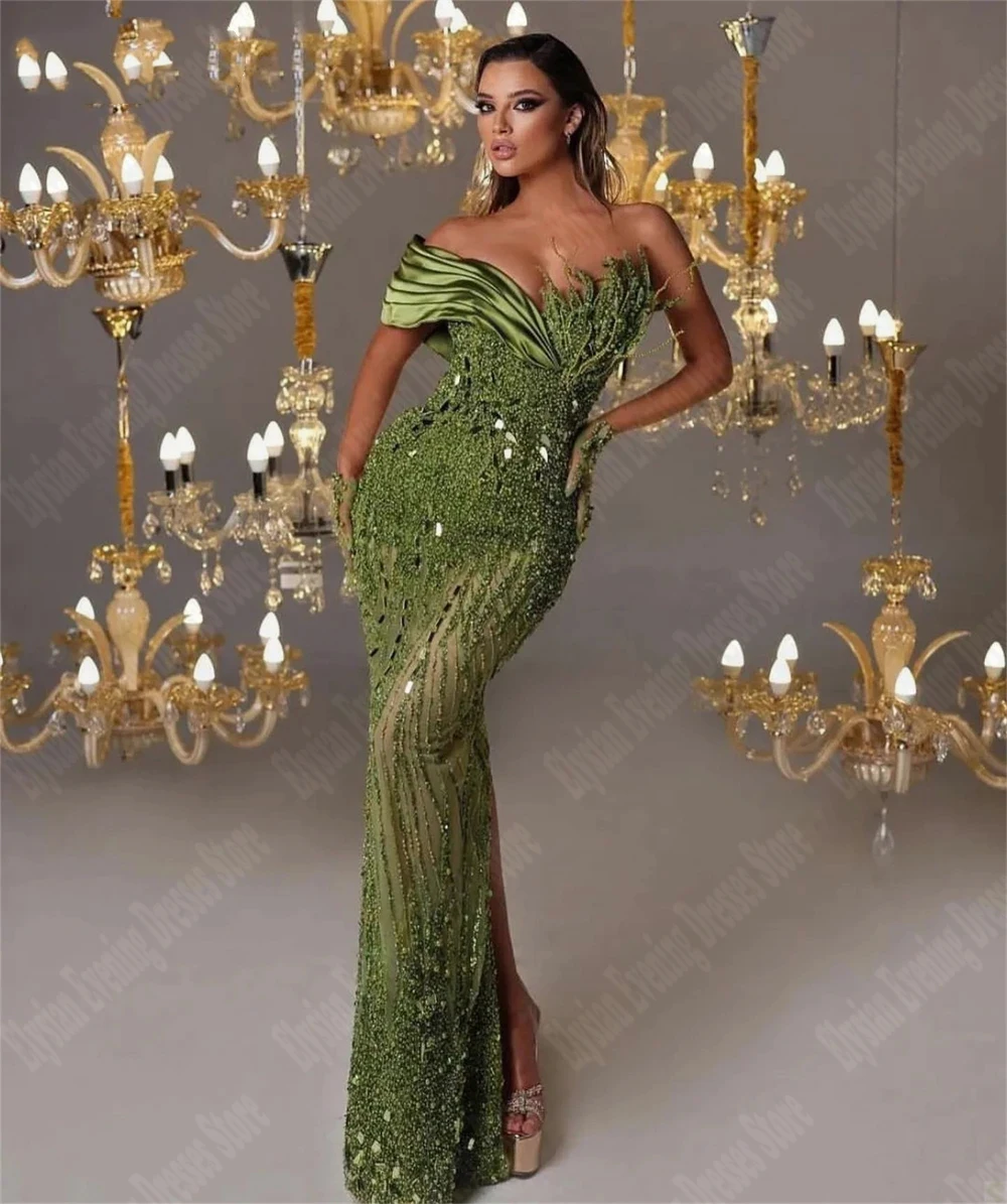 

Elegant Lace Champagne Evening Dresses Shiny Sequins Beaded Formal Party Gowns Green Sleeveless Backless Satin Vestidos De Noche