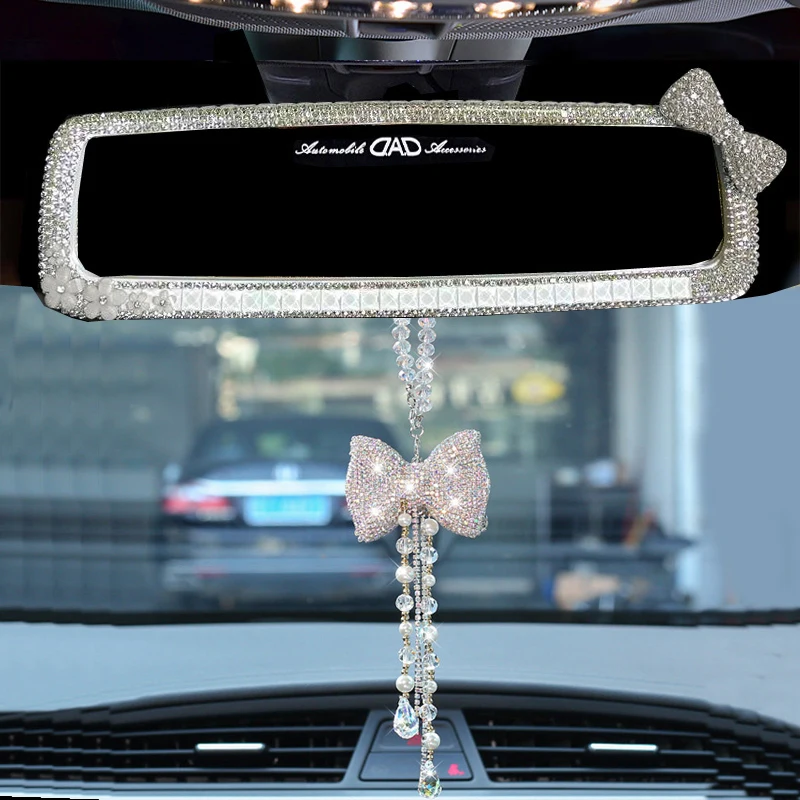 Fashion Rhinestone Bowknot Car Interior Mirror Decor Women Crystal Diamond Rear Mirror Ornament Car Mirror Accessories