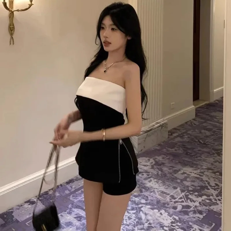 T-shirt com zíper fora do ombro feminino, T sem costas sexy, T Slash Neck, moda verão, Top feminino de fenda versátil, preto, senhoras, mulheres