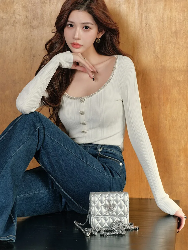 

Ele Вязаный свитер Long Sve round Ne Pullover Универсальная внутренняя одежда для женщин для поездок на работу Slim Fit Diamond Embelli...