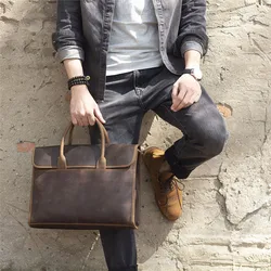 Vintage Lawyer business simple crazy horse cowhide men briefcase daily waterproof laptop bag genuine leather work shoulder bags