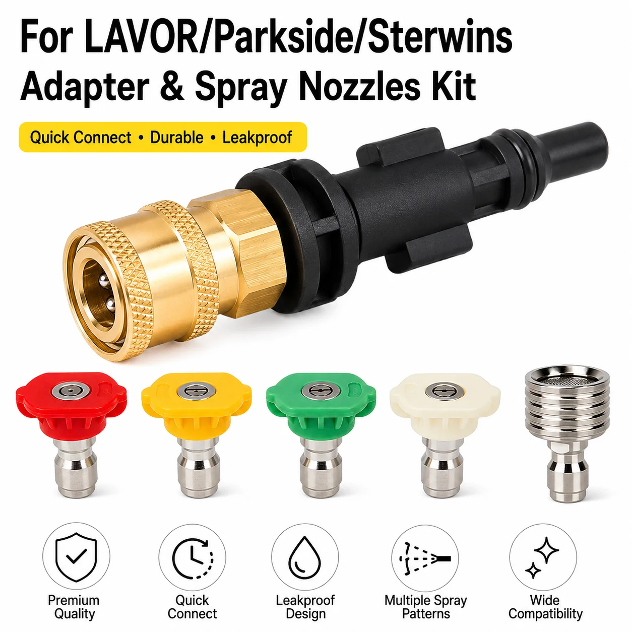 kit-adaptador-para-lavadora-de-alta-pressao-lavor-parkside-sterwins-com-conexao-rapida-e-4-bicos-de-pulverizacao-coloridos-e-conector-de-aco-inoxidavel