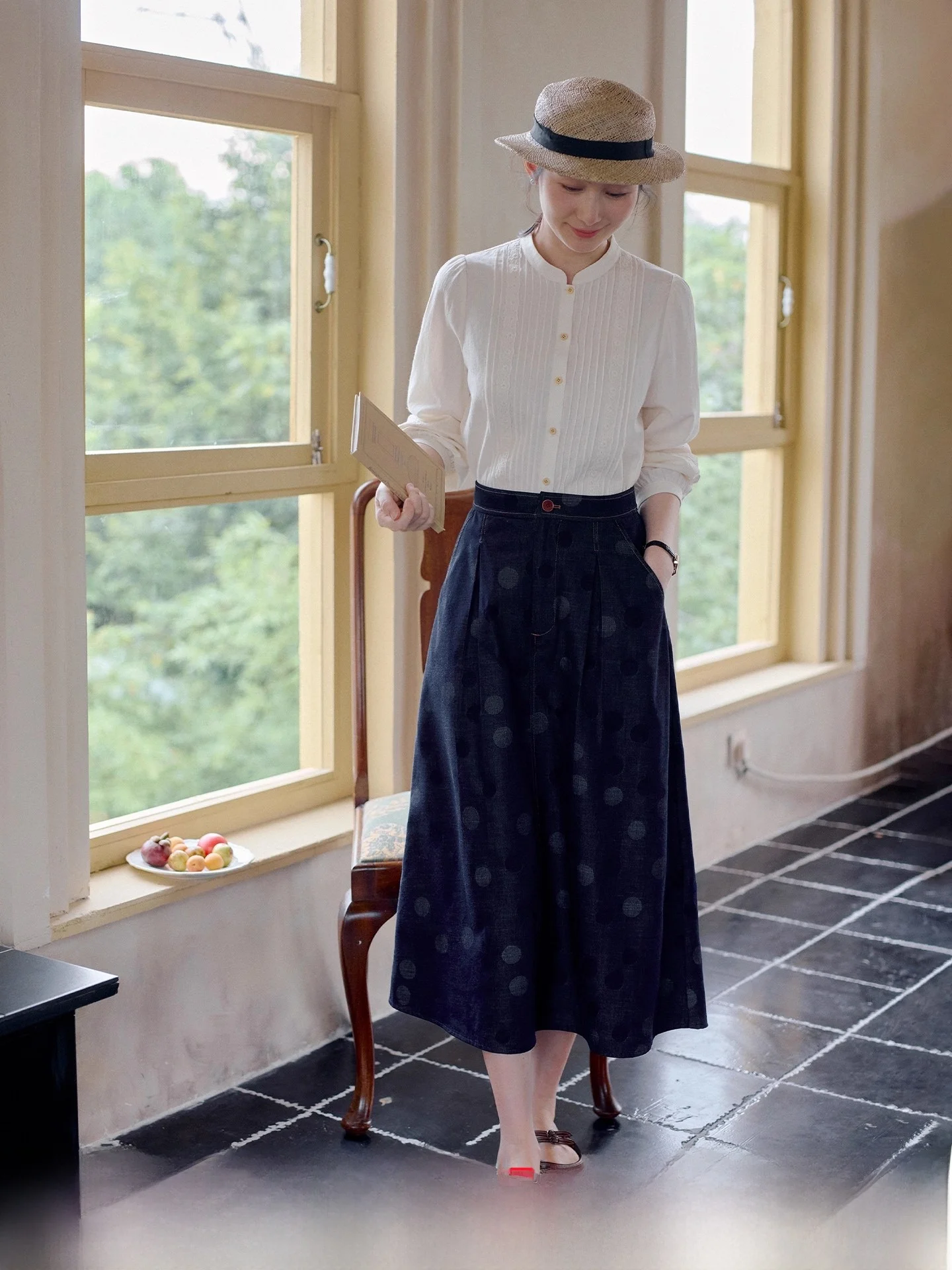 

Blue Polka Dot A-Line Midi Skirt Women's Autumn Faion High Waist Cotton Gauze Nylon Spring Autumn Skirts Red Memory