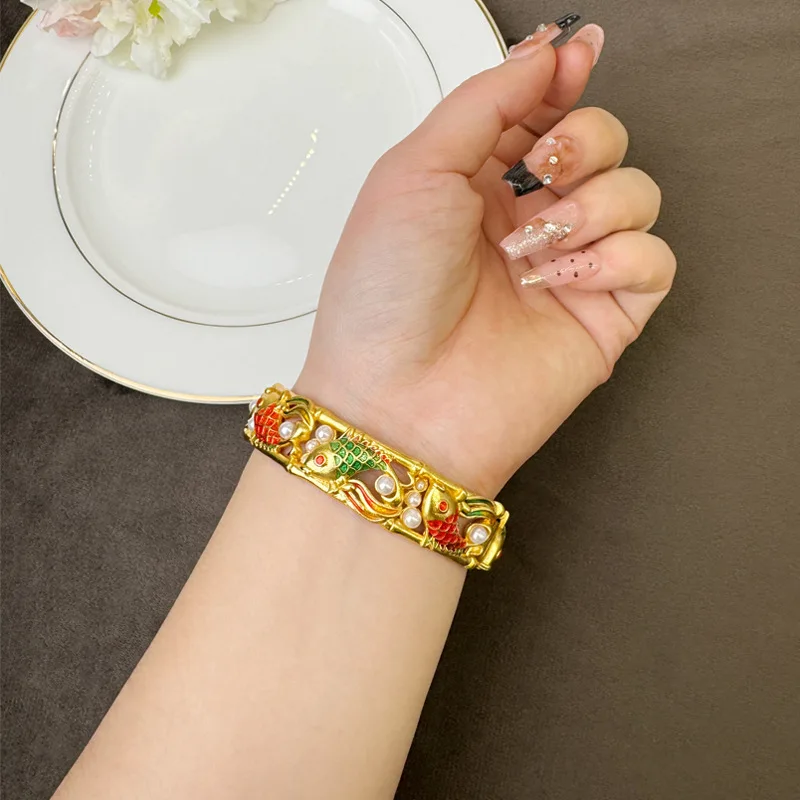 Luxury 24K 9999 Pure Gold real gold Women's enamel hollow pearl mosaic koi buckle bracelet