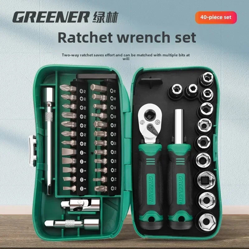 Home Repair Tool Kit with Green Forest Screwdriver Set and Universal Wrench for DIY Projects