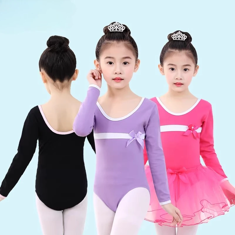 New girls' long and short-sleeved dance clothes, cotton skin-friendly, Chinese dance test training one-piece skirt
