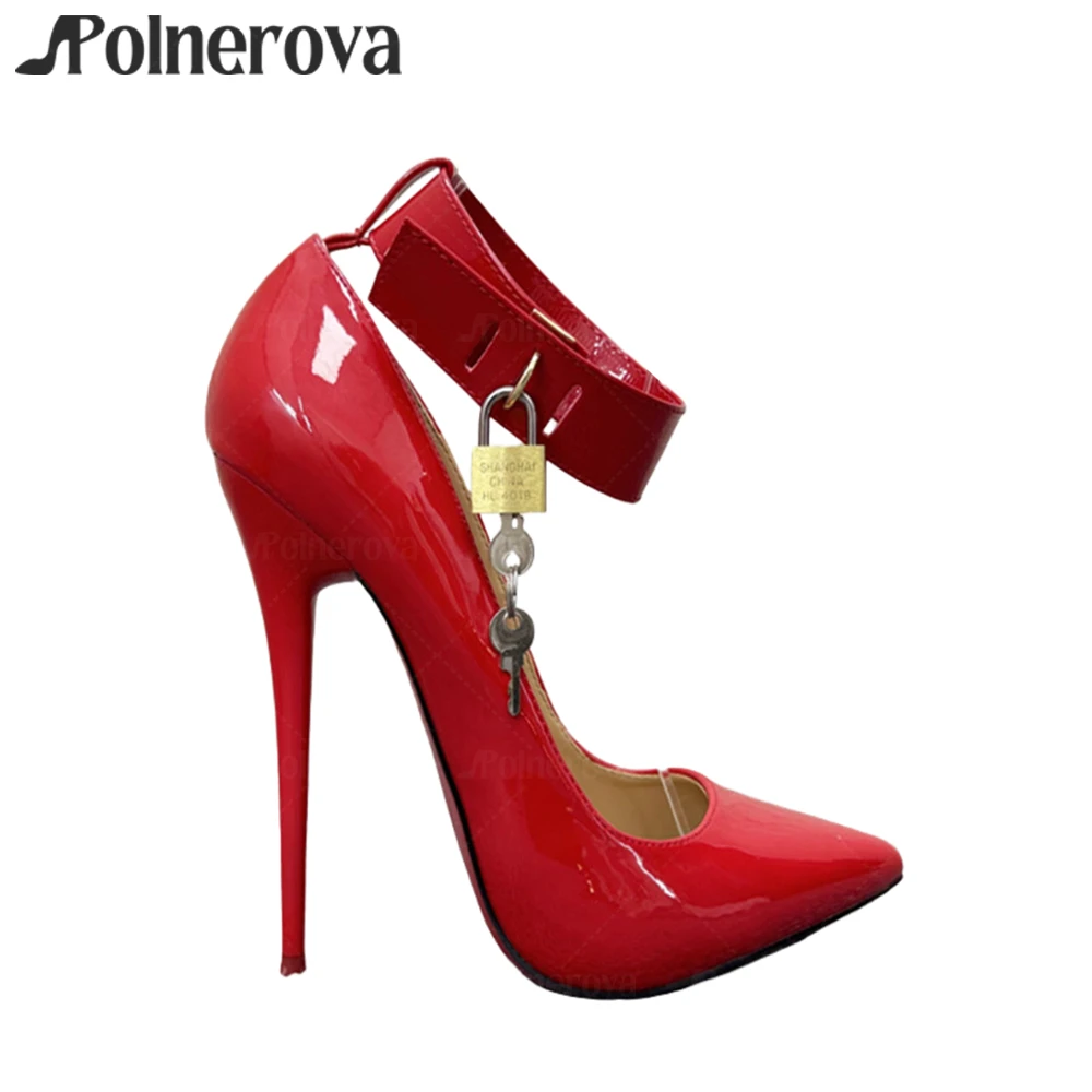 Sexy Pointed Lock Pumps Ankle Strap Buckle High Heels Metallic Lock 16cm Lacquered Heel Pumps Custom Multicolor Patent Leather
